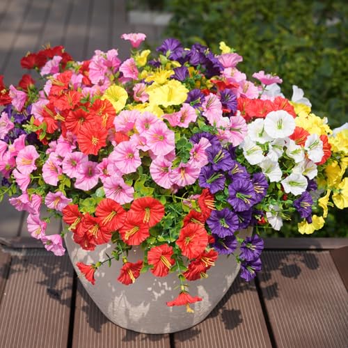 Image of Artificial Flowers for Outdoors, UV Resistant Fake Silk Morning Glory, Realistic Faux Plants for Outside Porch Patio Window Box Hanging Planter (12, Purple White Yellow Pink Red)