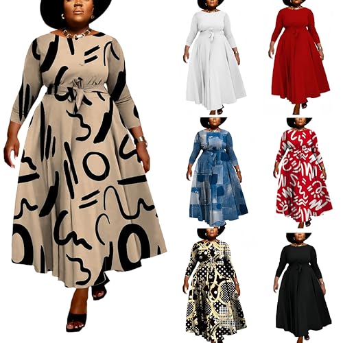 Image of Hostoyo Women Plus Size Formal A Line Maxi Dress Self Tie Waist with Pockets Elegant Round Neck Swing Long Dresses