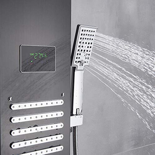 Columna de ducha con panel de lluvia, cascada y LED, mezclador termostático, torre de grifería para baño con ducha de mano — Negro miniatura 6