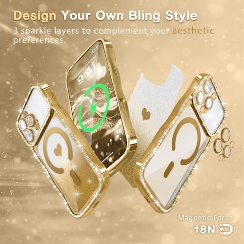 Amzfield Magnetic Case for iPhone 15 Pro Max, Bling Shiny Sparkle, Gold - image 7