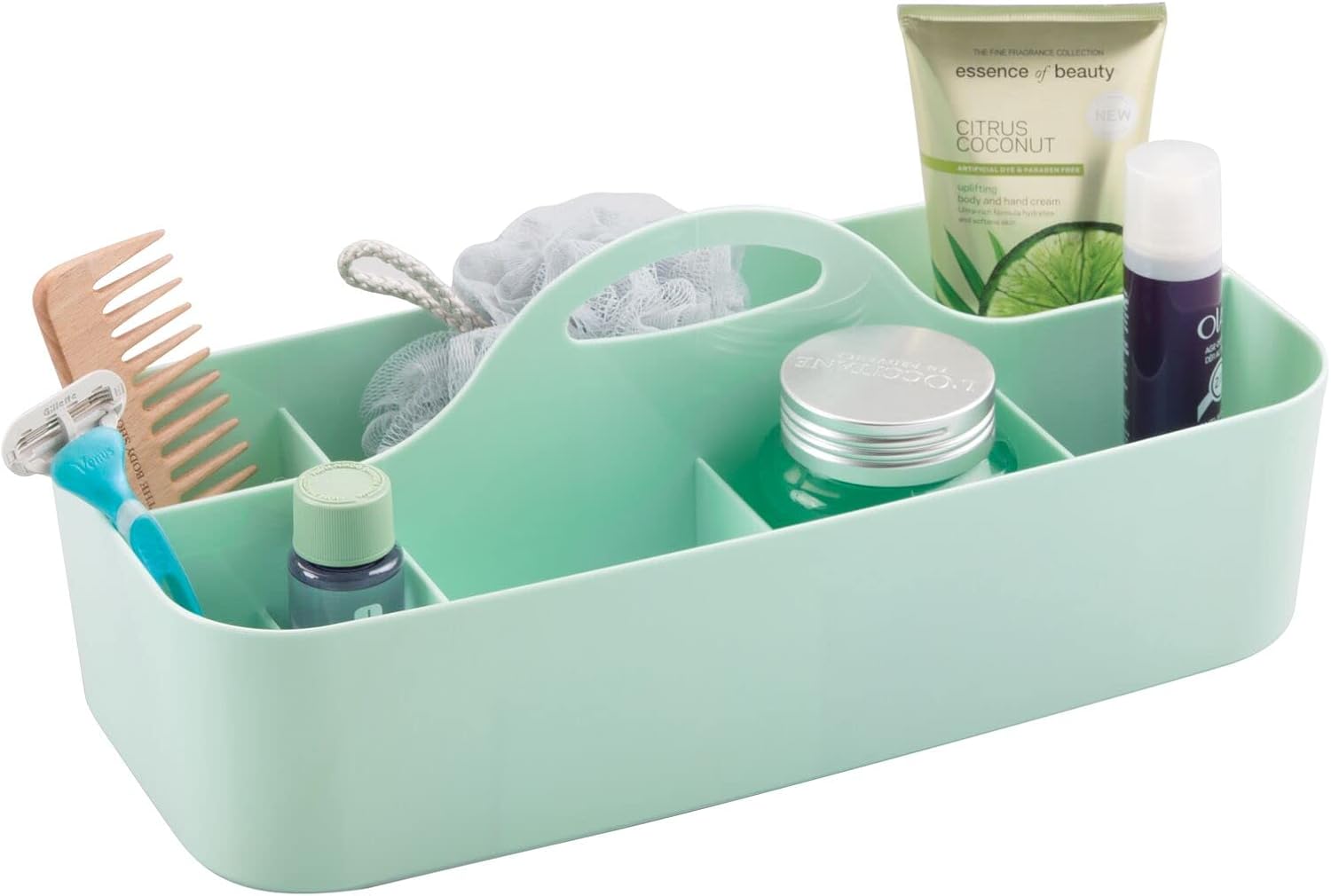 mDesign Plastic Bathroom Storage Organizer Caddy Tote - Divided Basket Bin with Handle for Shower, Dorm Room - Holds Soap, Body Wash, Shampoo, Conditioner, Lotion - Lumiere Collection, Mint Green