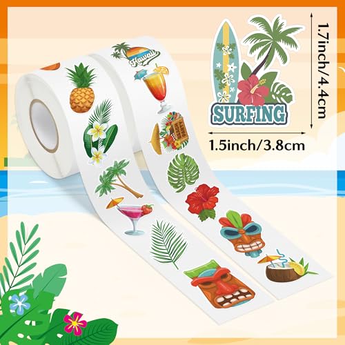Image of Hawaii Summer Stickers Rolls - 1000 Pcs Hawaii Waterproof Vinyl Reusable Laptop Stickers Coloring Book Scrapbook Water Bottle Page Activity Pad Summer Birthday Party Favors Gift Skateboard