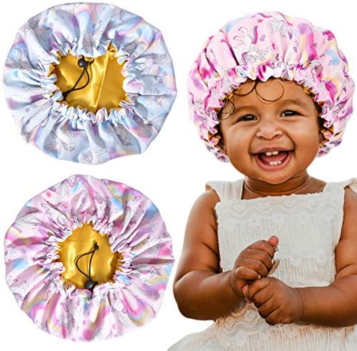 Aileam Kids Unicorn Bonnet Adjustable Satin Bonnet Sleeping Cap Soft Silk Night Hats for Natural Hair Teens Toddler Child Baby Reversible Double 2 Pack