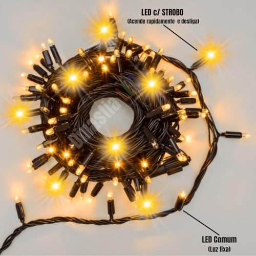 kit 1 ou 3 un Cordão 10m 100 leds(80 Fixo 20 Strobo) Interno Casa Com Conector M/F (1, Branco Quente