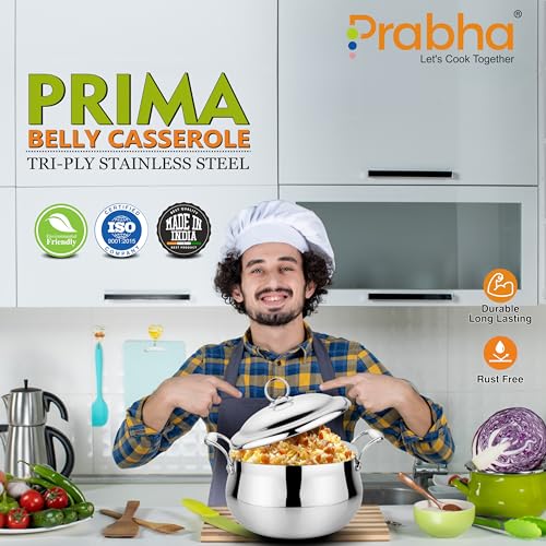 Image of Prabha Prima Belly Casserole with Lid | Roti Casserole Set 3700ML (20CM) | Casseroles Tri-Ply Layer | Hot Case /Hot Pot Food Grade | Serving Bowl Rice-Gravy-Curry /Hot Box | Induction Base & Gas Stove