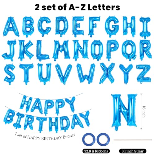 Image of 65 Pcs Blue Happy Birthday Balloons, 2 Sets A-Z Blue Letters Foil Balloons,16 Inch Personalized Name Happy Birthday Banners for Wedding Baby Shower Anniversary Party Decorations