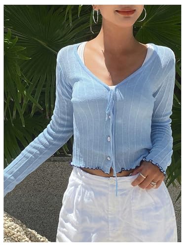 SweatyRocks Women's Tie Front Crop Cardigan Long Sleeve Button Up Lightweight Cardigans Outwear4