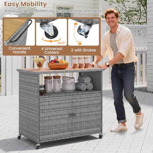 Image of Tangkula Rattan Outdoor Storage Cabinet with 4 Wheels (Mix Grey)