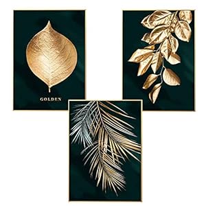 Martin Kench 3-delige set design-posters wandschilderijen, bos, gouden bladeren, palmblad, zonder lijst, wandschilderij…
