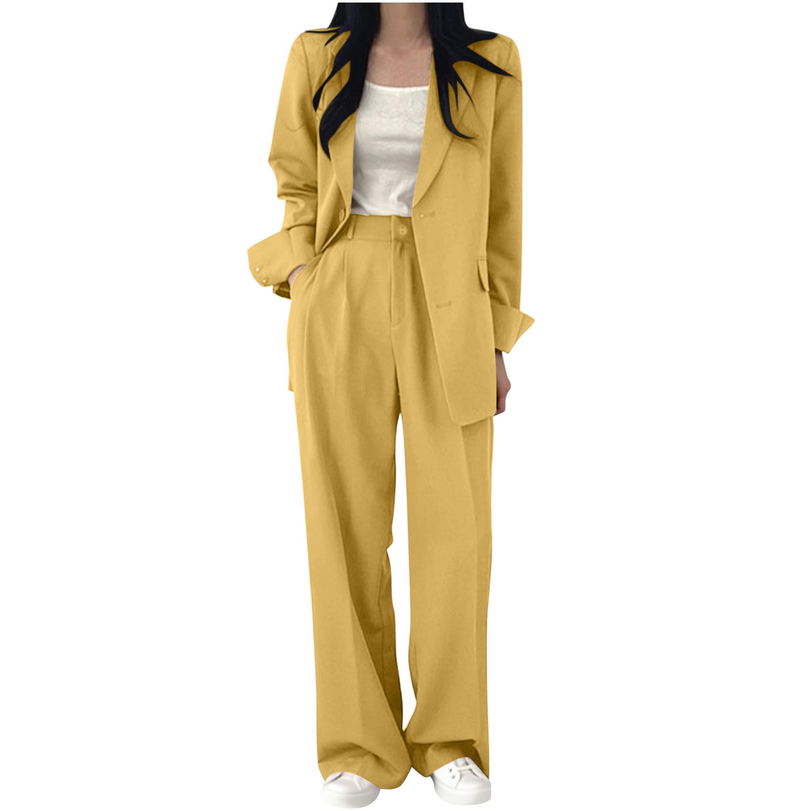 Women 2 Piece Business Casual Suits Loose Open Front Long Sleeve Blazer Jacket and Wide Leg Dress Pant