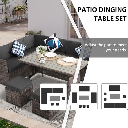 KIGOTY 7 Piece Patio Furniture Set, Outdoor PE Wicker Rattan Outdoor Dining Set, Patio Table and Chairs Set, Patio Conversation Sofa Set with Dining Table and Ottoman (Brown-Grey) - Thumbnail 6