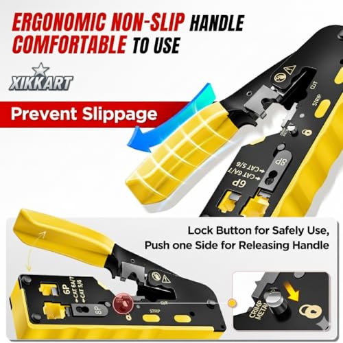 Image of XIKKART RJ45 Crimping Tool Kit with Cable Tester & 9V Battery | Pass Through Ethernet Crimper for Cat7 Cat6 Cat5e Cat5 | Network Cable Crimp Tool with 10 Cat6 Connectors & 10 Boots for LAN RJ45 RJ11