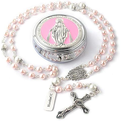 HanlinCC 6mm Glass Pearl Beads with 8mm Our Father Beads with Caps Rosary Pack in Miraculous Metal Gift Box (Pink Rosary with Miraculous Gift Box) Cover