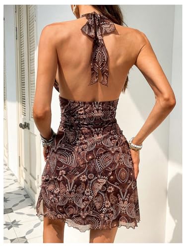 Image of BEAUDRM Women's Summer Mini Dress Halter Backless Vacation Beach Sundresses | Boho Dress, Floral Dress for Women, Vacation Beach Outfits, Going Out Dress, Brunch Outfits