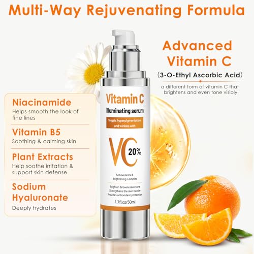 Vitamin C Serum for Face, 20% Vitamin C Serum for Mature & Aging Skin, Gentle Anti Aging Face Serum with Hyaluronic Acid, Vitamin B5 for Fine Lines, Wrinkles & Uneven Tone, Boosting Glow, 1.7 Fl Oz - Image 5