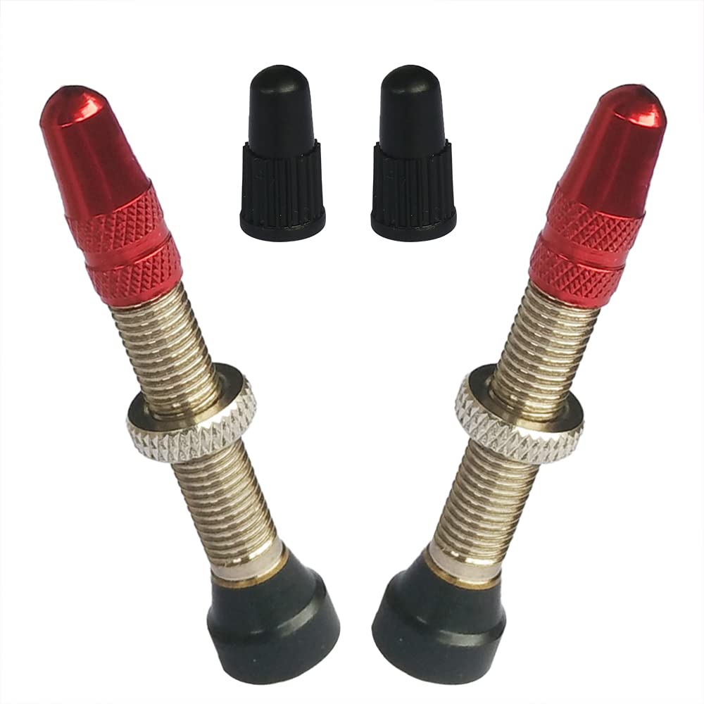 2 PCs No Tube Tubeless Valve Stem Core Copper Presta Universal with Red Metal and Black Plastic Bike Bicycle Road Racing Coloured Valve Cap Dust Covers