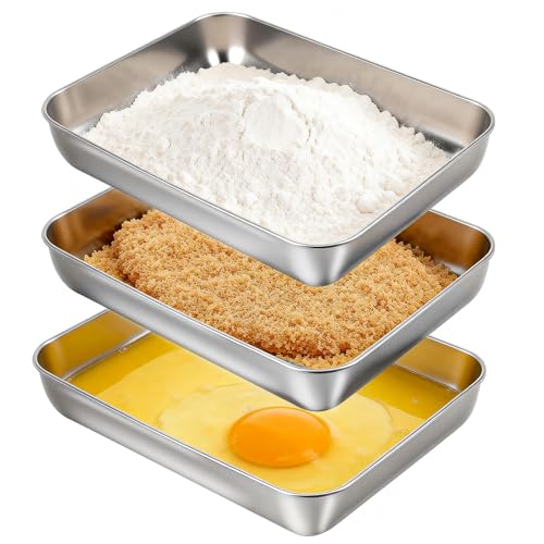 VINATO Lot de 3 Plateaux Inox Rectangulaires, Boîtes de Conservation Alimentaire, Bacs Gastronomiques pour Panure, Cuisson et Service, 25.5x20x4.5cm