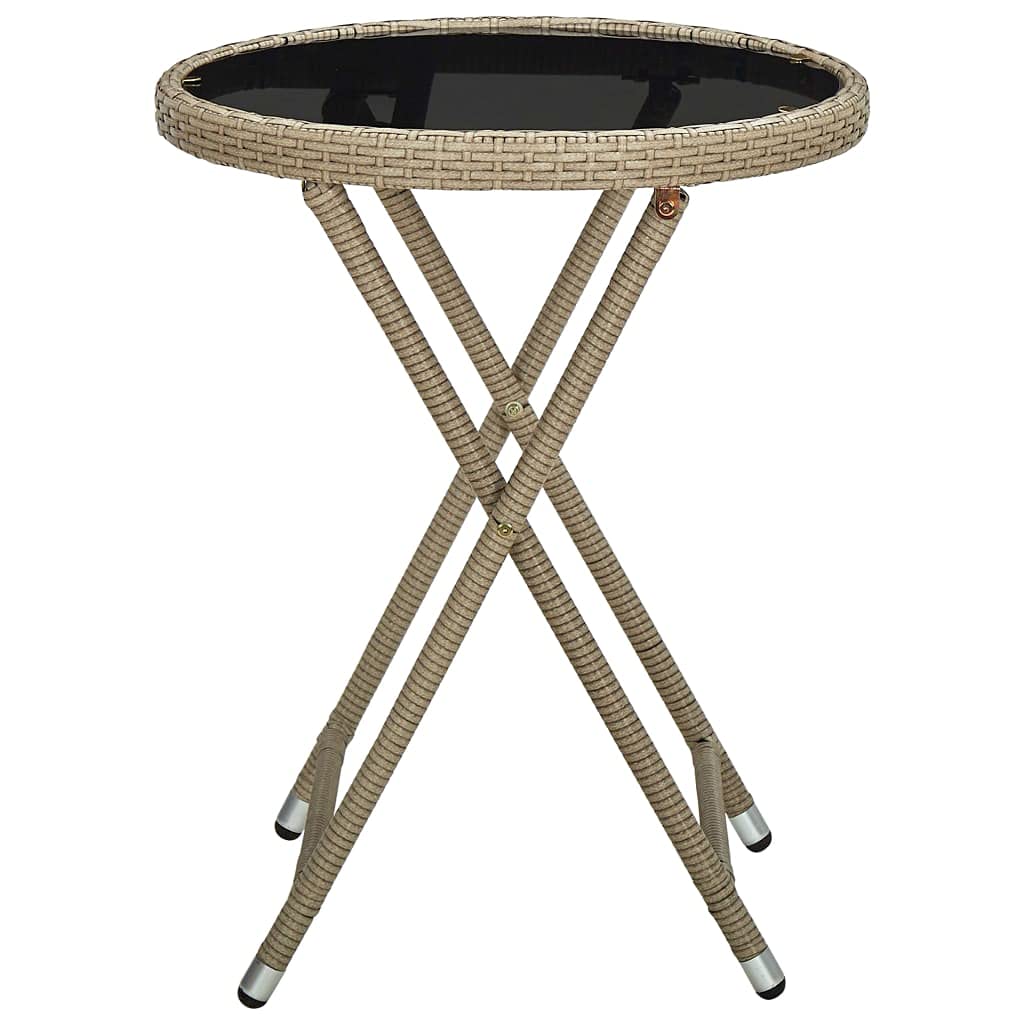 Mesa auxiliar beige de 60 cm de polirratán con cristal templado, resistente a la intemperie, plegable, ideal para terraza, balcón y uso al aire libre