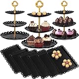 Potchen 9 Pcs Black Cake Stand Set Dessert Table Includes 6 Rectangle Cupcake Stand and 3 Pcs Round 3-tier Serving Tray display for Wedding Birthday Party Baby Shower(Flower Style)