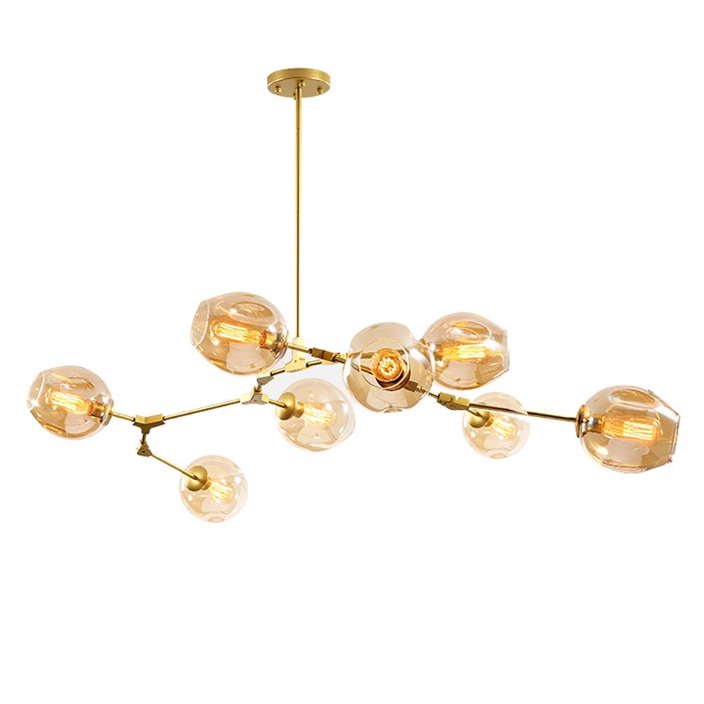 CSXSXAUO Adjustable Height Nordic Glass Ball Chandelier - 71" Matte Black Pendant Light, E26 Metal Hand-Blown Branches, 8 Lights Mid Century Globe Fixtures, Amber Gold Finish