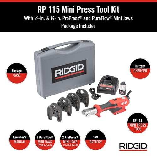 Image of RIDGID 72558 Model RP 115 Mini Press Tool and Battery Kit with 1 /2 inch to 3 /4 inch ProPress and PureFlow Press Tool Jaws, 2V Li /Ion Battery, 12V Charger, and Carrying Case