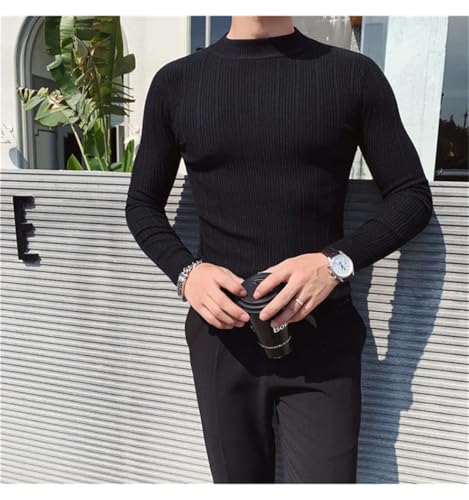 Men's Pullover Sweaters Korean Striped Sweater Half High Collar Stretch Tight Slim Fit Knit Sweater2
