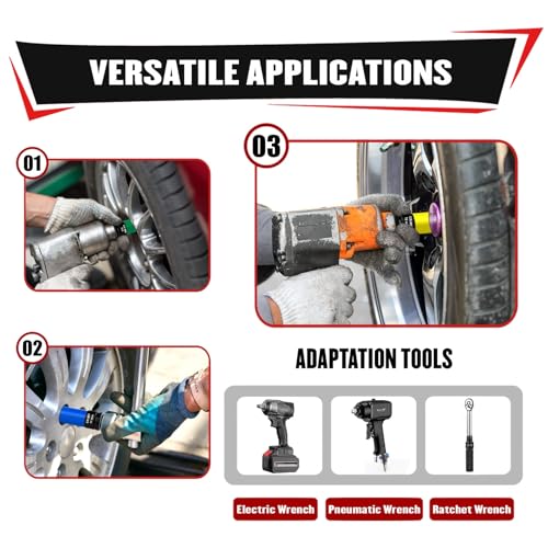 Image of YIYITOOLS 5Pcs 1 /2 inch Drive Lug Nut Socket Set, Color-Coded Thin Wall Deep Impact Sockets, Metric 17mm /19mm /21mm & SAE 13 /16 inch /7 /8 inch, CR-MO Steel, 6-Point, Non-Marring Wheel Protector