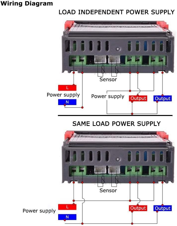 Wiring diagram for REES52 STC-3008 Digital Temperature Controller showing independent and same load power supply configurations