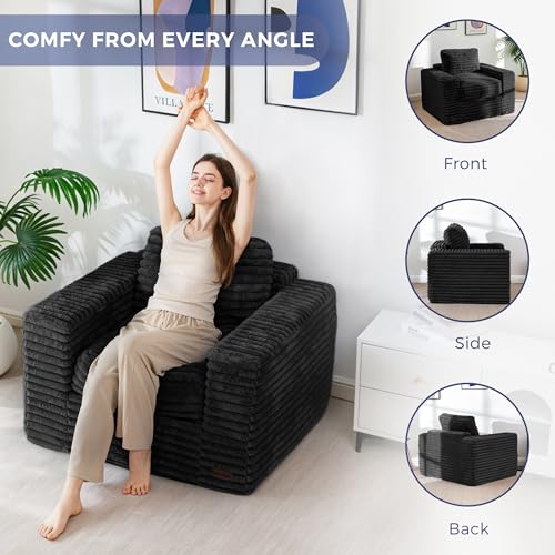 Image of MAXYOYO Bean Bag Chair with Pillows, Floor Sofa with Armrests and Support, Plush Foam Filled Lounge Chair for Adults, Cozy Bean Bag Couch for Living Room, Bedroom, Apartment, Black