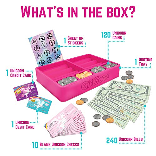 GirlZone Unicorn Money Play Set for Kids – Realistic Dollar Bills, Coins, Credit & Debit Cards & Checkbook.