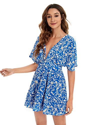 Image of Floerns Women's Tropical Floral Plunging V Neck Tie Open Back Summer Short Dress