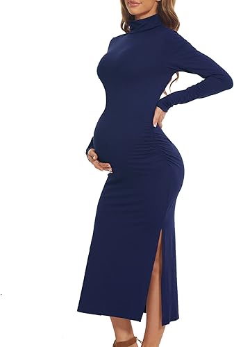 guruixu Turtleneck & Long Sleeve Maternity Dress for Photoshoot Baby Shower, Winter Split Ruched Bodycon Pregnancy Clothes