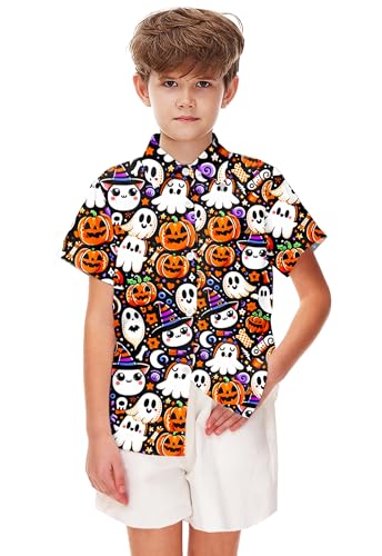 Image of Remimi Unisex Kids Halloween Shirt Boys Pumpkin Ghost Shirts Hawaii Button Up Tops 5-14 Years