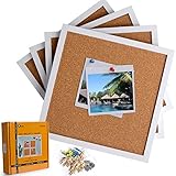 Cork Board Bulletin Board 12 X 12, White Framed Cork Tiles, Small Corkboards for Walls, Squares Thick Pin Board with 16 Push Pin Wood Clips, 4 Pack