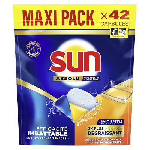 Sun Pastilles Lave-Vaisselle Absolu Tout-en-1 Dégraissant - 42 capsules - tablettes imbattables sur les taches tenaces - 2x plus efficace
