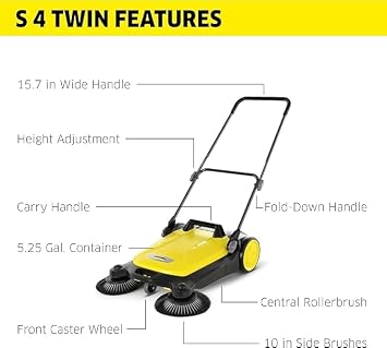 Kärcher Sweeping Machine S 4 Twin (Maximum Surface Performance: 2400 M²/H, 2 Side Brushes, Sweeping Container: 20 L, Working Width: 680 Mm, Space Saving Storage, Height Adjustable Push Arm)