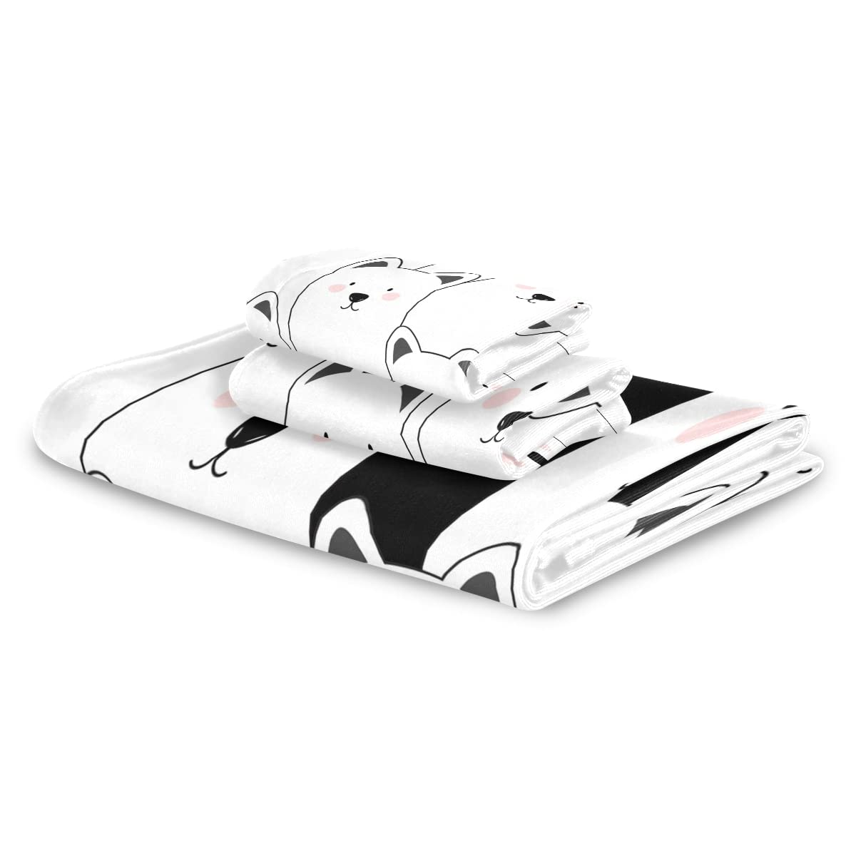 Vnurnrn Negro Blanco Gatito Perro Cat Juego de Toallas para Baño Playa Toalla (1 Toalla de Baño y 1 Toalla de Mano y 1 Paño de Lavado) para Nadar Niñas Niños
