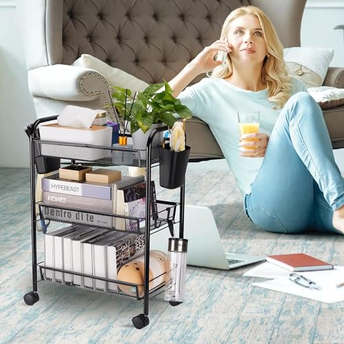 Image of Sulfar 3 Layer Multi Purpose Stainless Steel Rotating Kitchen Trolley Space-Saving Fruits Vegetables Storage Rack Organizer (Black)