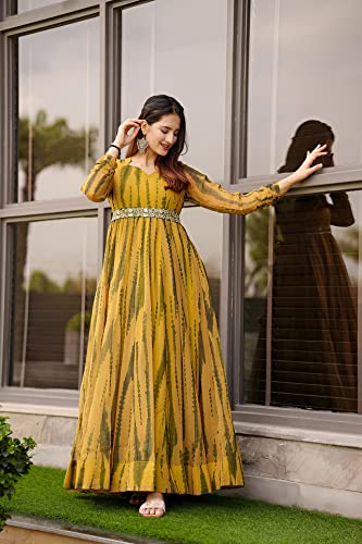 Image of Women's Grey Digital Printed Fox Georgette with Anarkali Cotton Kurtis and Kurta Set for Women Unique Geometric Print Casual Wear Full Length Gown Dress for Women