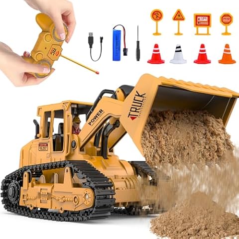 Kids-Play-Construction Bulldozer Rechargeable Engineering-Vehicle - Remote Control Bulldozer with Realistic bulldozing Shovel and Light Perfect Christmas Birthday Gift for Kids Girls Boys Ages 6-12+ Cover