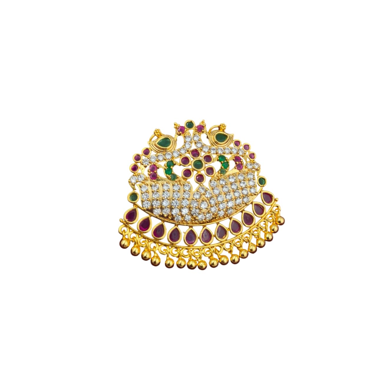 Traditional Gold-Plated Peacock Design Pendant with Ruby CZ, Emerald CZ, and White CZ Stones-image-12