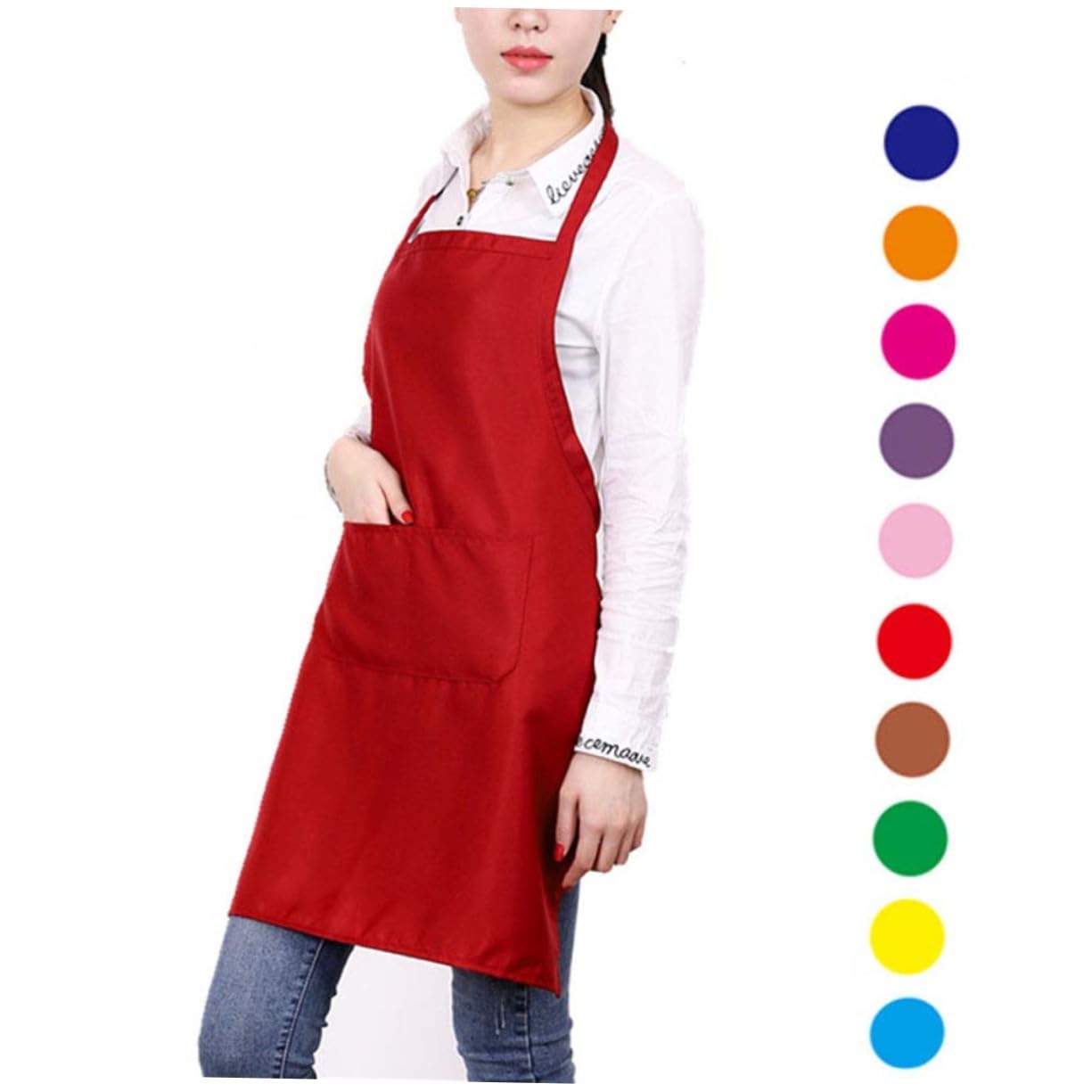 BESTonZON 6piezas Delantal De Cocina Rojo Diseño Sin Mangas y Cuello Para Restaurantes y Hogar Bolsillo Amplio Para Almacenaje