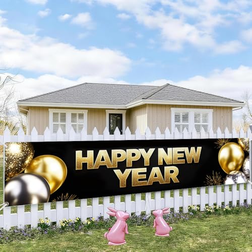 Image of Happy New Year Banner 78.7 x 17.7 Inch Gold and Silver Balloons Sparkling Confetti Design for Holiday Party Decoration Indoor Outdoor Wall Fence or Stage Background Celebration Display