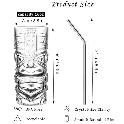 Cayorepo 6 Pack 14Oz Glass Tiki Glasses, Modern Bar Tiki Glasses Tiki Cup Tiki Mug Hawaiian Style Glass, Cocktail Glass Gift Set #TOP1