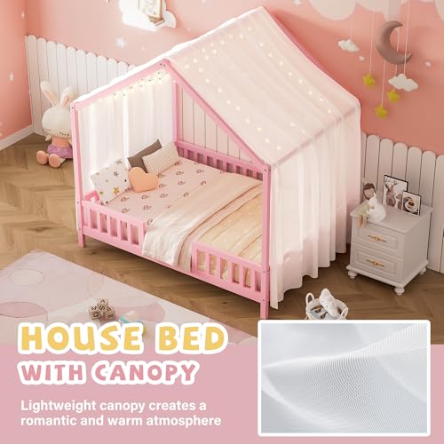 Image of Floor Bed with Canopy, High Railings and Roof, Full Size Wood House Bed Frame for Kids Bedroom (Pink /C)