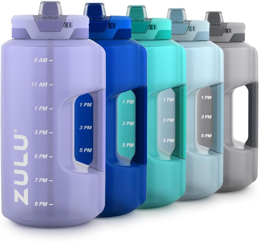 Zulu Goals Large Water Bottle Jug with Time Marker & Handle for All Day Hydration | Silicone Soft Straw with Locking Leak-Proof Lid | For Gym, Camping, Workout, and Outdoors | BPA-Free | 64oz, 128oz Violet 128oz