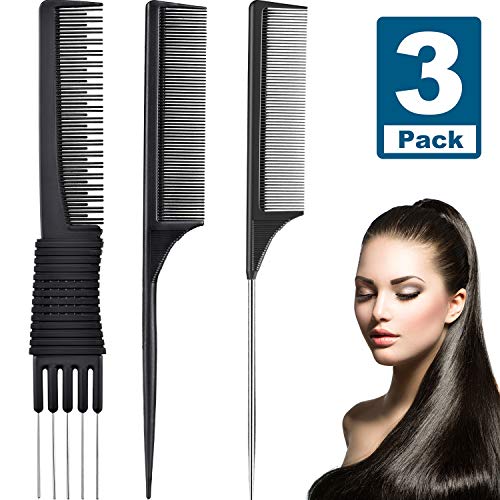 3 Pack Black Carbon Lift Teasing Combs with Metal Prong, Salon Teasing Back Combs, Black Carbon Comb with Stainless Steel Lift (Style H)