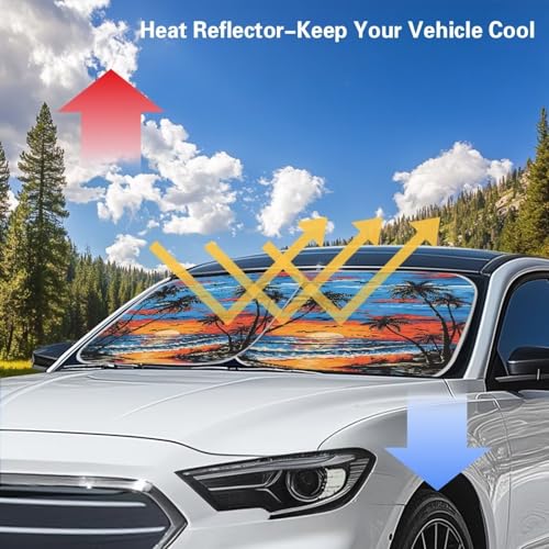 Image of 2 PCS Windshield Sun Shade Foldable Palm Trees Sunset Car Front Window Cover Sun Visor UV Rays Blocker Automotive Interior Accessories Sun Protection