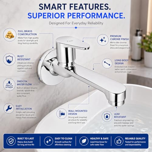 Image of ZAP Brezza Long Body Bib Cock Tap | Full Brass Wall Mounted Faucet for Bathroom & Kitchen Sink | Premium Chrome Finish | Rust Resistant Water Tap with Wall Flange | Long Body Basin Tap