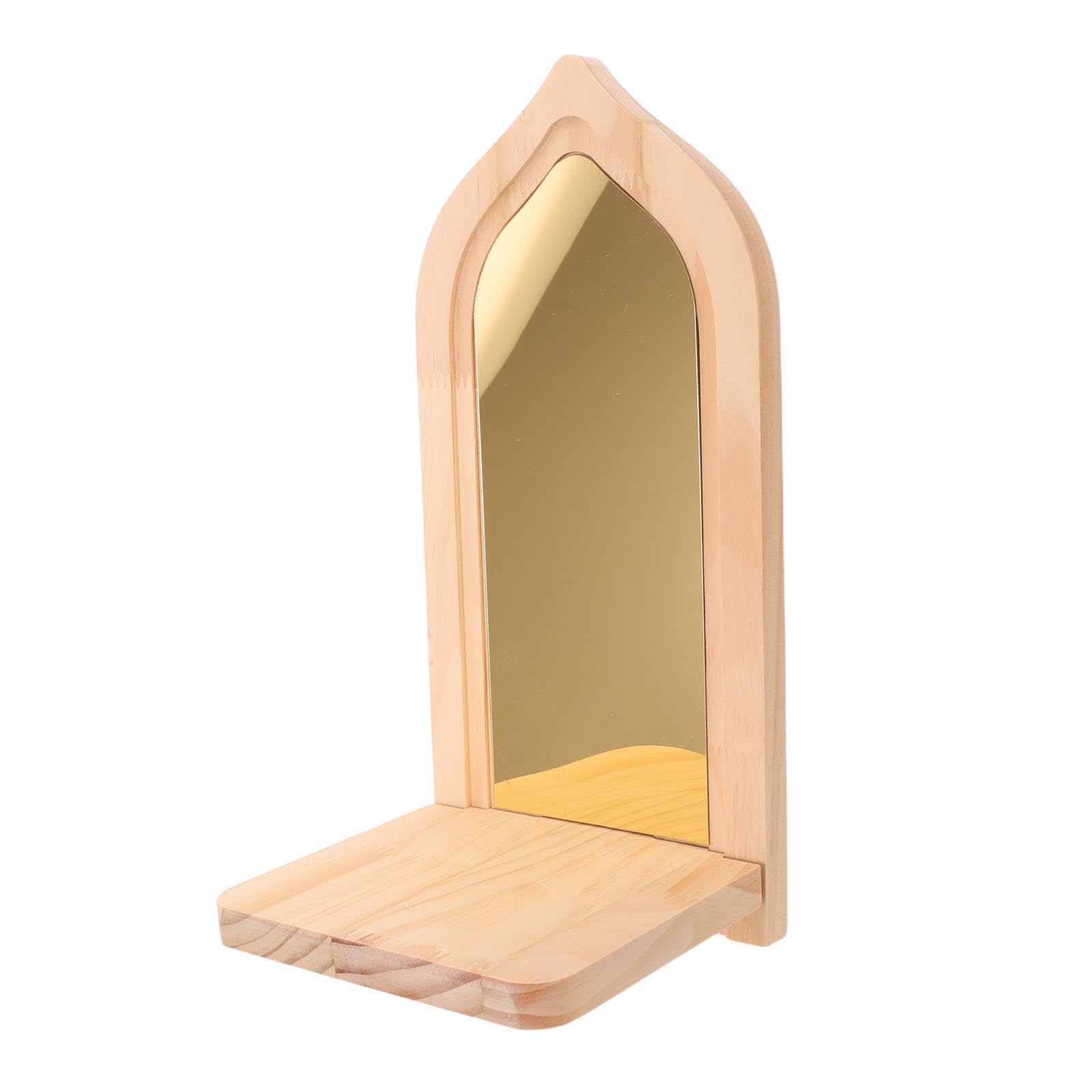Aplique de pared con espejo, estante flotante de madera y candelabro dorado